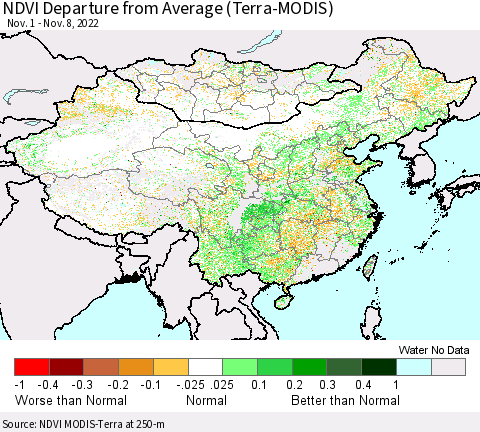 China, Mongolia and Taiwan NDVI Departure from Average (Terra-MODIS) Thematic Map For 11/1/2022 - 11/8/2022