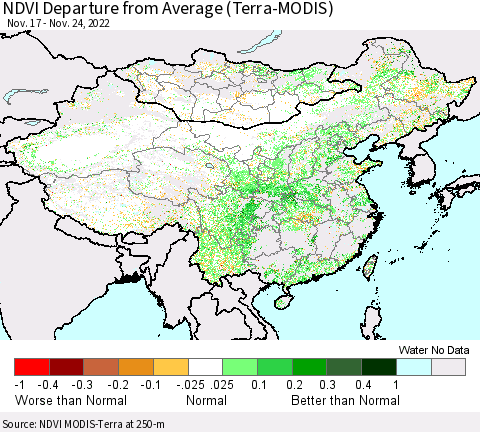 China, Mongolia and Taiwan NDVI Departure from Average (Terra-MODIS) Thematic Map For 11/17/2022 - 11/24/2022