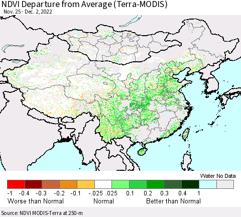 China, Mongolia and Taiwan NDVI Departure from Average (Terra-MODIS) Thematic Map For 11/25/2022 - 12/2/2022