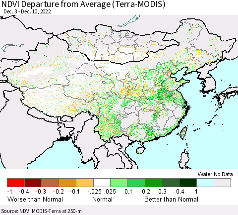 China, Mongolia and Taiwan NDVI Departure from Average (Terra-MODIS) Thematic Map For 12/3/2022 - 12/10/2022