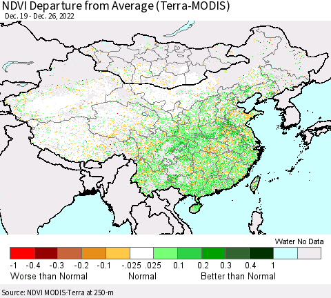 China, Mongolia and Taiwan NDVI Departure from Average (Terra-MODIS) Thematic Map For 12/19/2022 - 12/26/2022