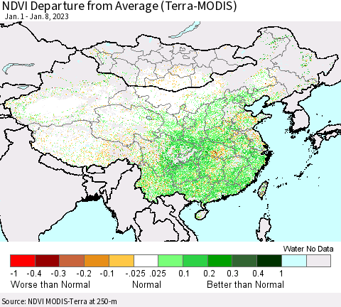 China, Mongolia and Taiwan NDVI Departure from Average (Terra-MODIS) Thematic Map For 1/1/2023 - 1/8/2023