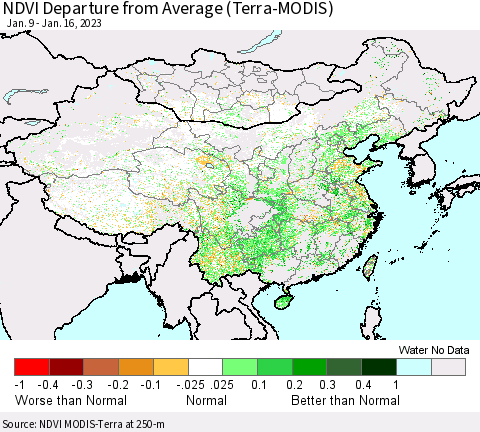 China, Mongolia and Taiwan NDVI Departure from Average (Terra-MODIS) Thematic Map For 1/9/2023 - 1/16/2023
