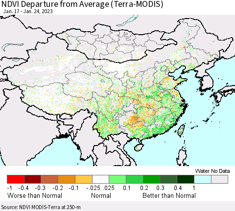 China, Mongolia and Taiwan NDVI Departure from Average (Terra-MODIS) Thematic Map For 1/17/2023 - 1/24/2023