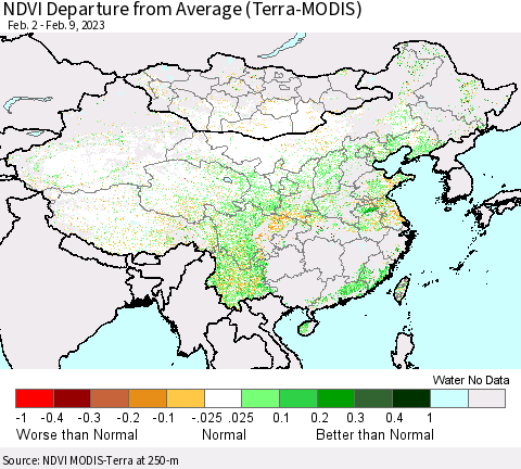 China, Mongolia and Taiwan NDVI Departure from Average (Terra-MODIS) Thematic Map For 2/2/2023 - 2/9/2023