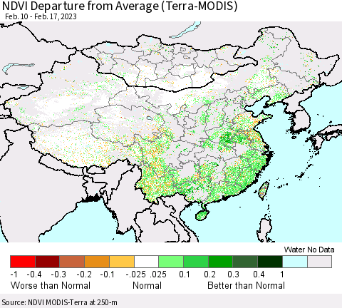 China, Mongolia and Taiwan NDVI Departure from Average (Terra-MODIS) Thematic Map For 2/10/2023 - 2/17/2023