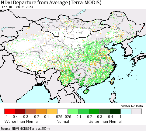 China, Mongolia and Taiwan NDVI Departure from Average (Terra-MODIS) Thematic Map For 2/18/2023 - 2/25/2023