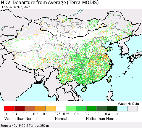 China, Mongolia and Taiwan NDVI Departure from Average (Terra-MODIS) Thematic Map For 2/26/2023 - 3/5/2023