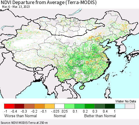 China, Mongolia and Taiwan NDVI Departure from Average (Terra-MODIS) Thematic Map For 3/6/2023 - 3/13/2023