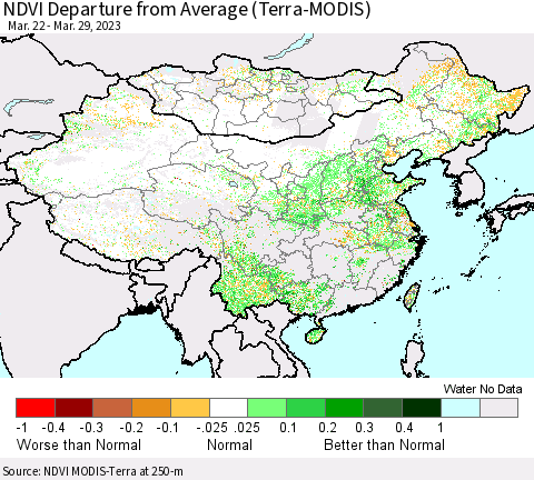China, Mongolia and Taiwan NDVI Departure from Average (Terra-MODIS) Thematic Map For 3/22/2023 - 3/29/2023
