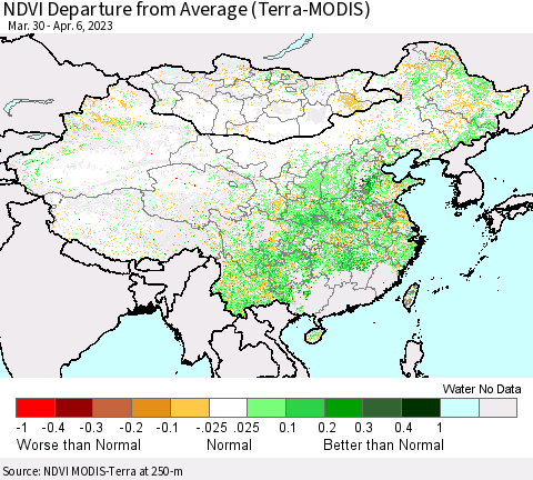 China, Mongolia and Taiwan NDVI Departure from Average (Terra-MODIS) Thematic Map For 3/30/2023 - 4/6/2023