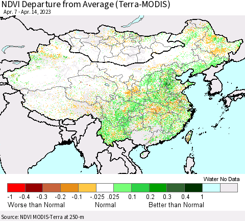 China, Mongolia and Taiwan NDVI Departure from Average (Terra-MODIS) Thematic Map For 4/7/2023 - 4/14/2023
