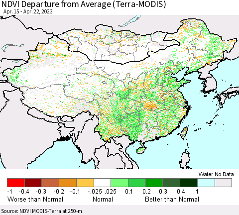 China, Mongolia and Taiwan NDVI Departure from Average (Terra-MODIS) Thematic Map For 4/15/2023 - 4/22/2023