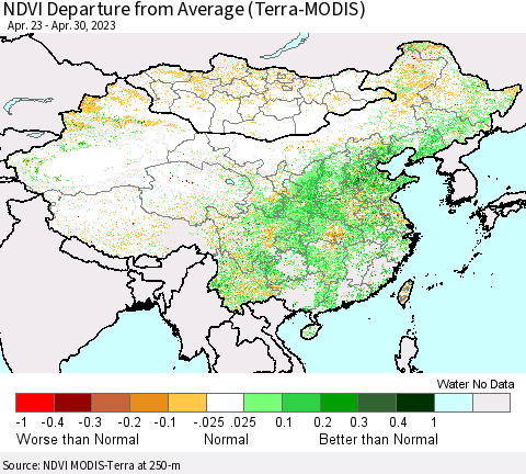 China, Mongolia and Taiwan NDVI Departure from Average (Terra-MODIS) Thematic Map For 4/23/2023 - 4/30/2023