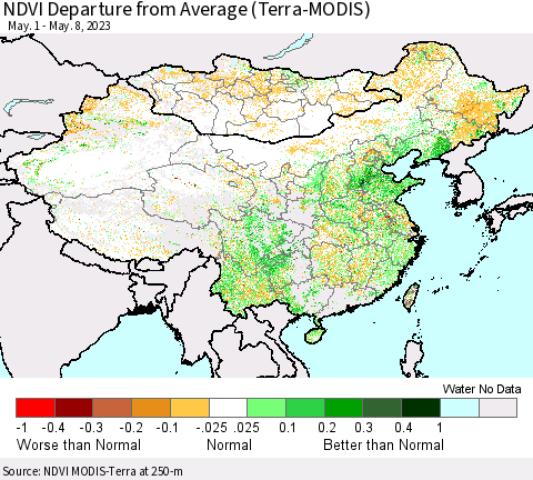 China, Mongolia and Taiwan NDVI Departure from Average (Terra-MODIS) Thematic Map For 5/1/2023 - 5/8/2023