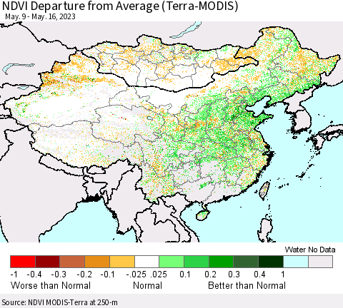 China, Mongolia and Taiwan NDVI Departure from Average (Terra-MODIS) Thematic Map For 5/9/2023 - 5/16/2023
