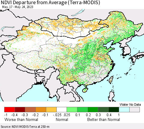 China, Mongolia and Taiwan NDVI Departure from Average (Terra-MODIS) Thematic Map For 5/17/2023 - 5/24/2023
