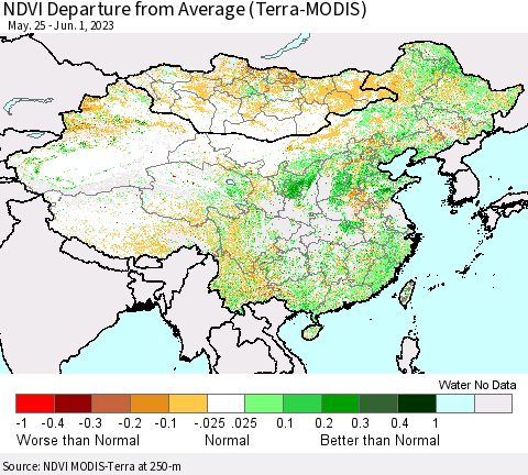 China, Mongolia and Taiwan NDVI Departure from Average (Terra-MODIS) Thematic Map For 5/25/2023 - 6/1/2023