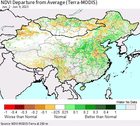 China, Mongolia and Taiwan NDVI Departure from Average (Terra-MODIS) Thematic Map For 6/2/2023 - 6/9/2023