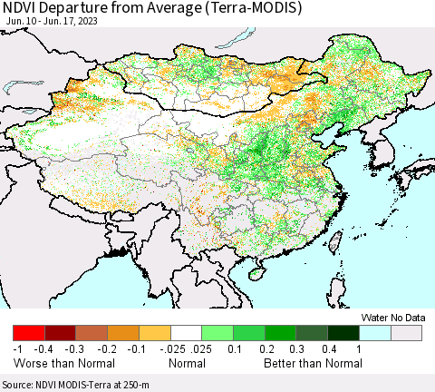 China, Mongolia and Taiwan NDVI Departure from Average (Terra-MODIS) Thematic Map For 6/10/2023 - 6/17/2023