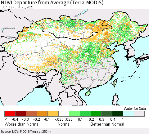 China, Mongolia and Taiwan NDVI Departure from Average (Terra-MODIS) Thematic Map For 6/18/2023 - 6/25/2023