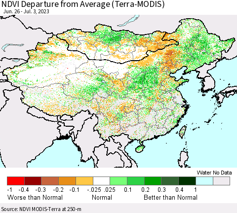 China, Mongolia and Taiwan NDVI Departure from Average (Terra-MODIS) Thematic Map For 6/26/2023 - 7/3/2023