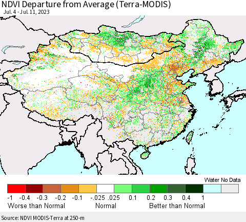 China, Mongolia and Taiwan NDVI Departure from Average (Terra-MODIS) Thematic Map For 7/4/2023 - 7/11/2023