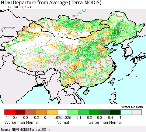 China, Mongolia and Taiwan NDVI Departure from Average (Terra-MODIS) Thematic Map For 7/12/2023 - 7/19/2023