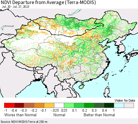 China, Mongolia and Taiwan NDVI Departure from Average (Terra-MODIS) Thematic Map For 7/20/2023 - 7/27/2023