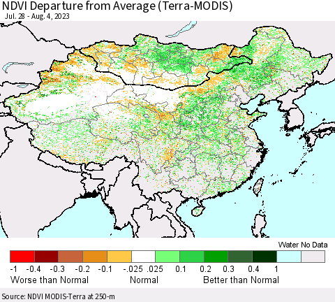 China, Mongolia and Taiwan NDVI Departure from Average (Terra-MODIS) Thematic Map For 7/28/2023 - 8/4/2023