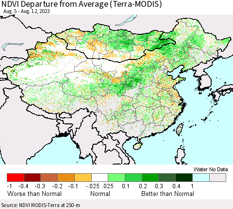 China, Mongolia and Taiwan NDVI Departure from Average (Terra-MODIS) Thematic Map For 8/5/2023 - 8/12/2023