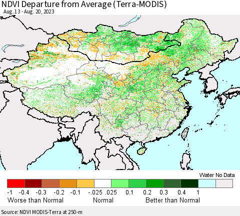 China, Mongolia and Taiwan NDVI Departure from Average (Terra-MODIS) Thematic Map For 8/13/2023 - 8/20/2023