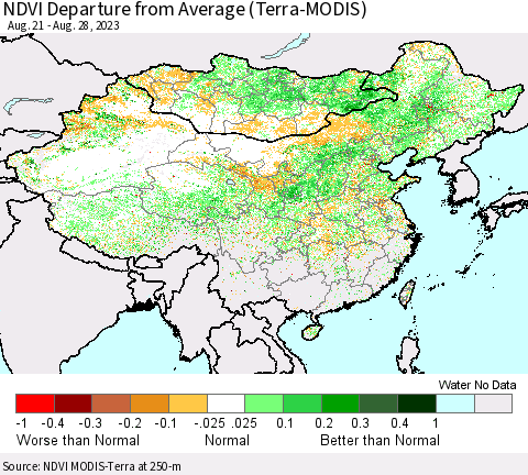China, Mongolia and Taiwan NDVI Departure from Average (Terra-MODIS) Thematic Map For 8/21/2023 - 8/28/2023