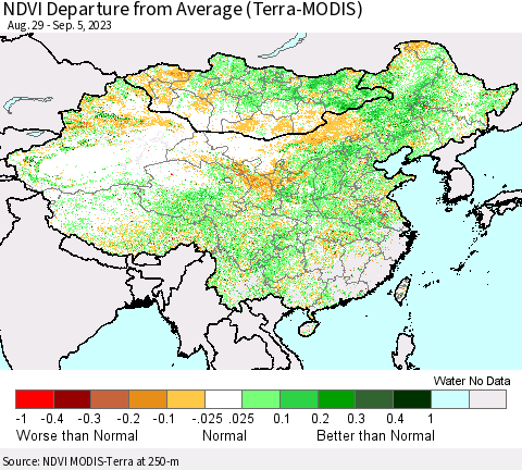 China, Mongolia and Taiwan NDVI Departure from Average (Terra-MODIS) Thematic Map For 8/29/2023 - 9/5/2023