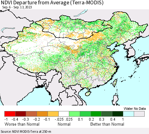 China, Mongolia and Taiwan NDVI Departure from Average (Terra-MODIS) Thematic Map For 9/6/2023 - 9/13/2023