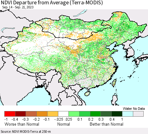 China, Mongolia and Taiwan NDVI Departure from Average (Terra-MODIS) Thematic Map For 9/14/2023 - 9/21/2023