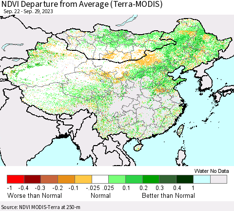 China, Mongolia and Taiwan NDVI Departure from Average (Terra-MODIS) Thematic Map For 9/22/2023 - 9/29/2023