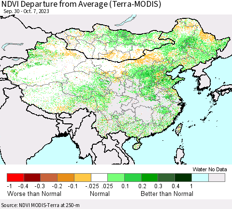 China, Mongolia and Taiwan NDVI Departure from Average (Terra-MODIS) Thematic Map For 9/30/2023 - 10/7/2023