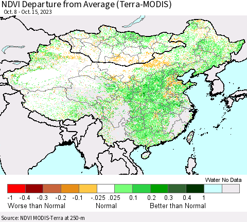 China, Mongolia and Taiwan NDVI Departure from Average (Terra-MODIS) Thematic Map For 10/8/2023 - 10/15/2023