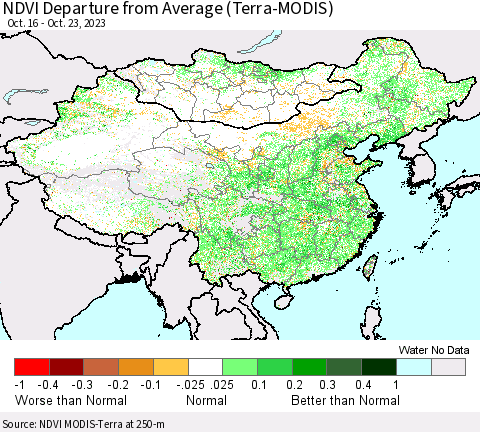 China, Mongolia and Taiwan NDVI Departure from Average (Terra-MODIS) Thematic Map For 10/16/2023 - 10/23/2023