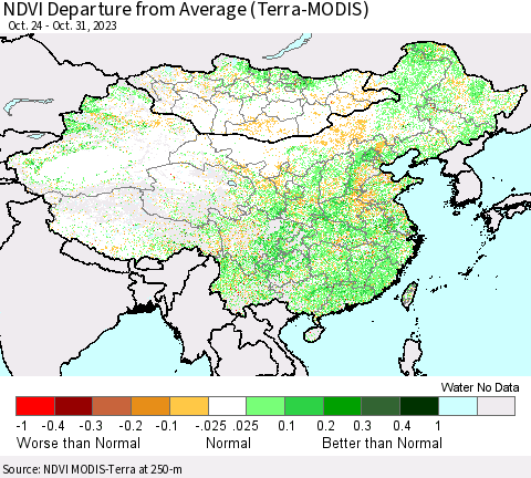 China, Mongolia and Taiwan NDVI Departure from Average (Terra-MODIS) Thematic Map For 10/24/2023 - 10/31/2023