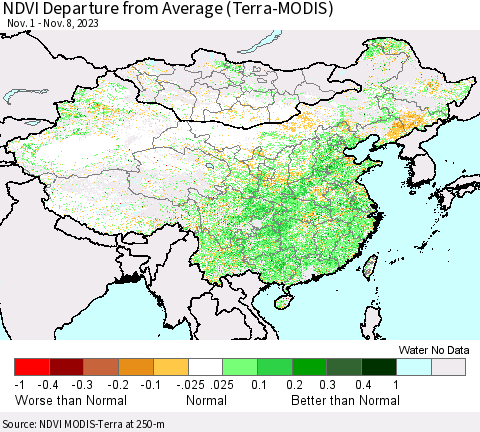 China, Mongolia and Taiwan NDVI Departure from Average (Terra-MODIS) Thematic Map For 11/1/2023 - 11/8/2023