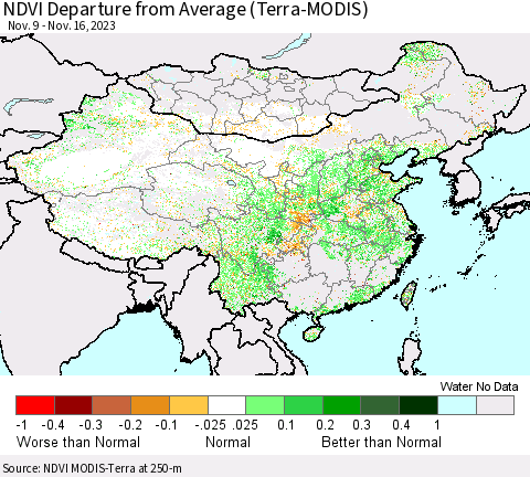 China, Mongolia and Taiwan NDVI Departure from Average (Terra-MODIS) Thematic Map For 11/9/2023 - 11/16/2023