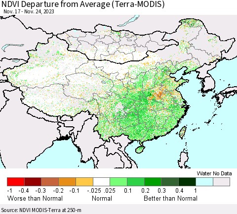 China, Mongolia and Taiwan NDVI Departure from Average (Terra-MODIS) Thematic Map For 11/17/2023 - 11/24/2023