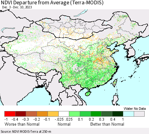 China, Mongolia and Taiwan NDVI Departure from Average (Terra-MODIS) Thematic Map For 12/3/2023 - 12/10/2023