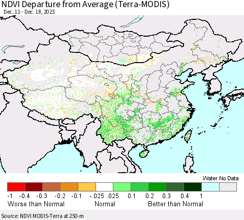China, Mongolia and Taiwan NDVI Departure from Average (Terra-MODIS) Thematic Map For 12/11/2023 - 12/18/2023