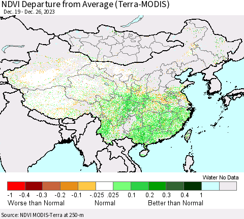 China, Mongolia and Taiwan NDVI Departure from Average (Terra-MODIS) Thematic Map For 12/19/2023 - 12/26/2023