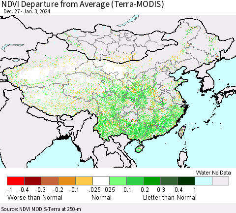 China, Mongolia and Taiwan NDVI Departure from Average (Terra-MODIS) Thematic Map For 12/27/2023 - 1/3/2024