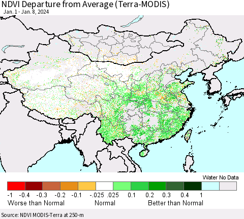 China, Mongolia and Taiwan NDVI Departure from Average (Terra-MODIS) Thematic Map For 1/1/2024 - 1/8/2024
