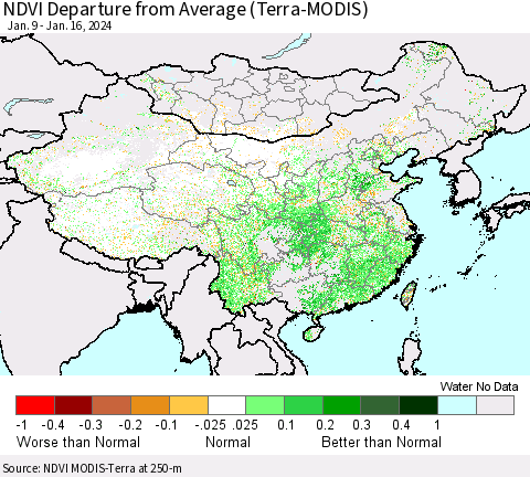 China, Mongolia and Taiwan NDVI Departure from Average (Terra-MODIS) Thematic Map For 1/9/2024 - 1/16/2024